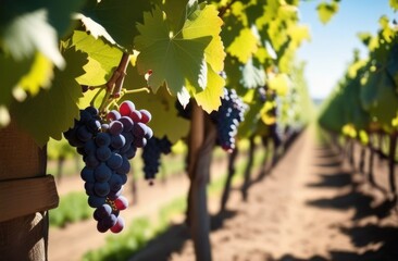 bunches of grapes hanging from a branch, grape plantation, summer vineyard, harvesting, wine...