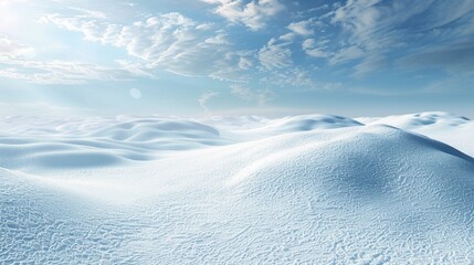Pristine white landscape stretching to the horizon, with untouched snowdrifts glittering in the cold winter sunlight.
