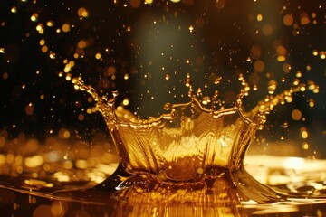 Radiant golden oil splash in motion capturing every droplet.