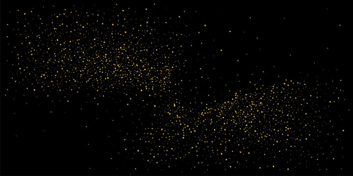 Gold dust. Confetti with gold glitter on a black background. Shiny scattered sand particles. Decorative elements. Luxury background for your design, cards, invitations. Vector