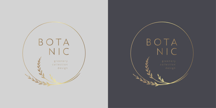 Gold floral line round frame. Elegant flower botanical design for logo, greeting card, wedding invitation, corporate identity