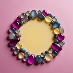 Pastel Pink Background with Blue, Yellow, and Magenta Translucent Stone Circle Frame