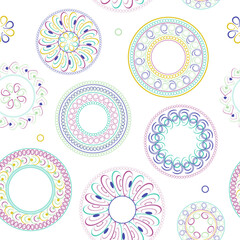 Circular patterns. Bright seamless rattern. Design of fabric, wallpaper, wrapping paper. Vector