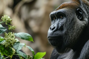 Retrato de Gorila pensativo en su hábitat natural - obrazy, fototapety, plakaty
