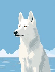 A white dog is sitting calmly on top of a sandy beach overlooking the vast ocean, under the clear sky.