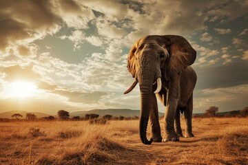 Fototapeta na wymiar Descripción: Elefante africano al atardecer en sabana