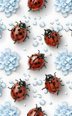 Circle Row of Multicolor Realistic Beautiful Ladybirds. 3d Rendering isolated on white Background