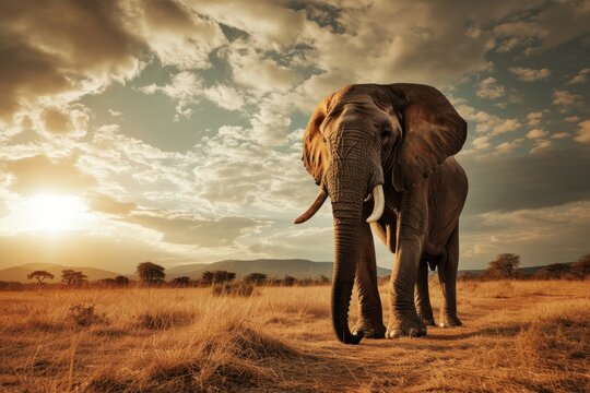 Descripción: Elefante africano al atardecer en sabana