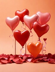 Heart-shaped balloons expressing love and romance on the occasion of Valentine's Day against a vibrant orange backdrop.
