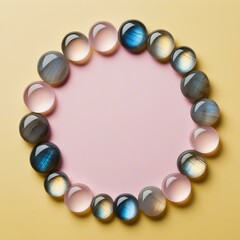 Stylish and Beautiful Blue and Pink Translucent Stone Circle Frame on Pastel Yellow Background