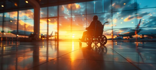 Wide banner of an invalid chair at the airport with copy space for medical travel concepts - obrazy, fototapety, plakaty