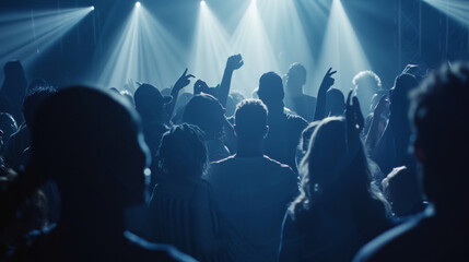 Shadowy figures bask in the electric atmosphere of a live concert, absorbing the shared experience.