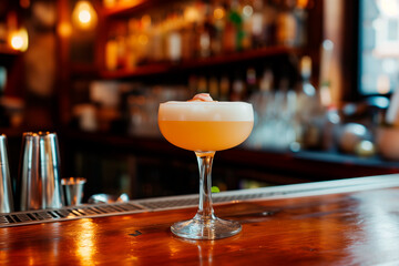  Elegant cocktail on bar counter, background for menu and special offers