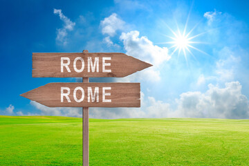 Rome road sign. Welcome to Rome, Italy. Entering Rome. All ways leads to rome concept.