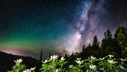 beautiful abstract texture colorful black and white flowers and tree plant forest landscape on the darkness and aurora polaris and the stars on the sky milky way galaxy background and wallpaper