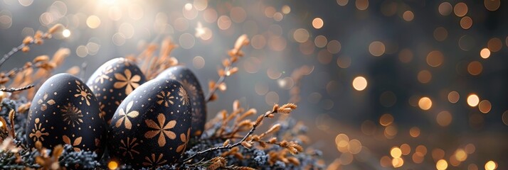 banner with Easter black and gold eggs with patterns on a blurred bokeh background