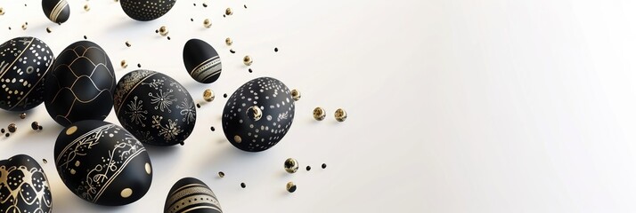 banner with Easter black and gold eggs with patterns on a light background, top view - obrazy, fototapety, plakaty