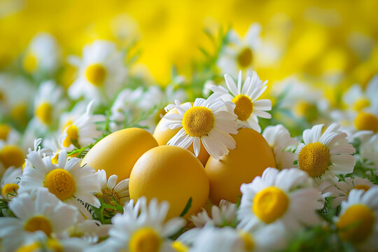 Yellow Painted eggs amidst white daisies on a blurred nature background a vibrant, joyful Easter theme, radiant with the essence of spring.