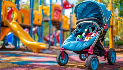 Deserted children s stroller with a toy left behind in an unoccupied playground scene