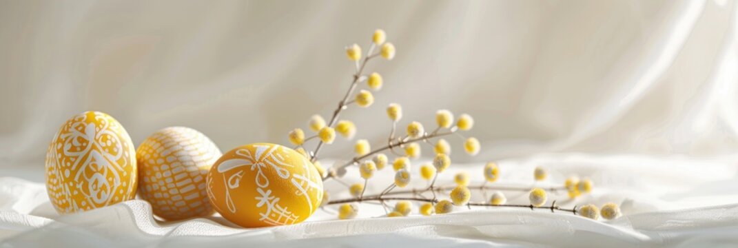 banner with Easter golden eggs with patterns on a light blurred bokeh background