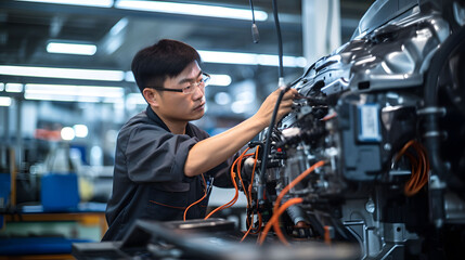 A men worker working on automobile factory, production line working time