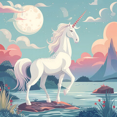 a unicorn is standing in the evening in the background of water, flat illustrations