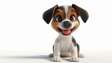 A cute puppy is sitting on a white background. The puppy has brown, black, and white fur, and is looking at the camera with a happy expression.