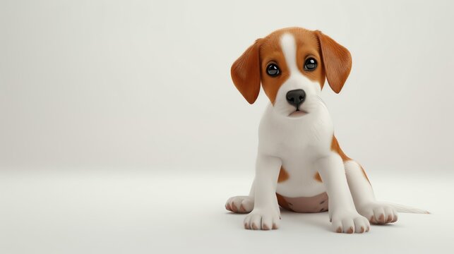 A cute puppy sits on a white background. The puppy has brown and white fur, and is looking up at the camera with its head tilted to one side.