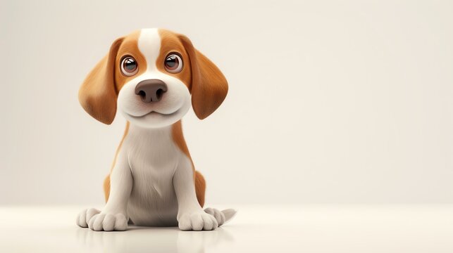 Cute 3D cartoon puppy looking up with big eyes. Isolated on white background.