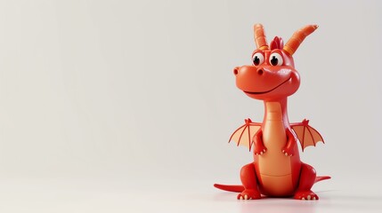 Cute and friendly red dragon sitting on a white background. 3D rendering.
