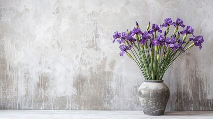 Stunning purple irises arranged in a vase against a white wall, their striking color and elegant...