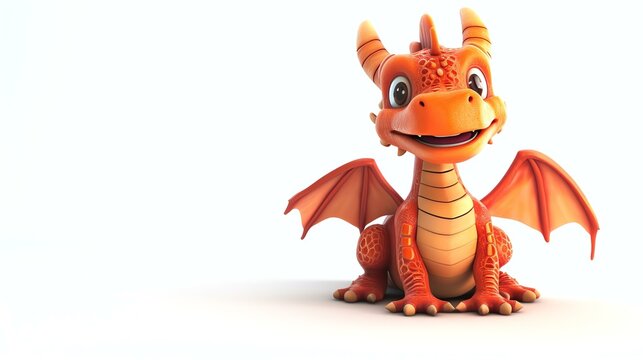 Cute and friendly orange baby dragon sitting on a white background, looking at the camera with a happy expression.