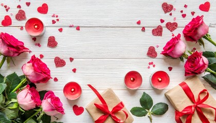 valentine s day frame made of rose flowers gifts candles confetti on white background valentines day background flat lay top view copy space