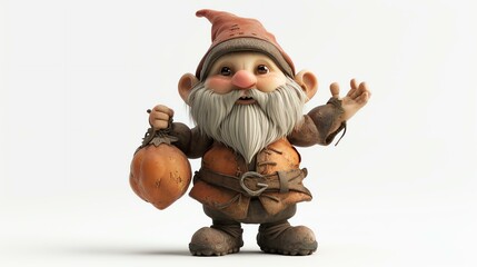 A cute 3D rendering of a garden gnome. He is wearing a brown hat and a brown shirt with a belt. He has a long white beard and a friendly smile.