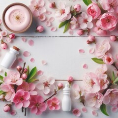 A delightful arrangement of spring flowers, predominantly pink, beautifully displayed on a white wooden background. The composition is presented in a flat lay style with a top view