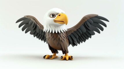 3D rendering of a cartoon bald eagle with its wings spread out. The eagle has a proud expression on its face and is looking to the left of the frame.