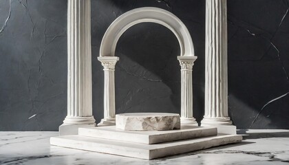 d background mockup with marble product podium for cosmetics display white greek antique columns...