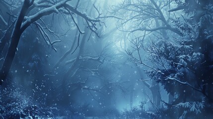 Tranquil winter forest shrouded in mist, with snow-covered branches creating a fairytale-like atmosphere of enchantment.