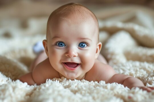 Beb&eacute; sonriente con ojos azules sobre la cama
