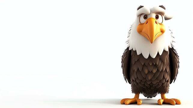 3D rendering of a cartoon bald eagle. The eagle has its feathers ruffled and is looking to the side with a curious expression.