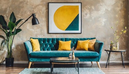 loft home interior design of modern living room dark turquoise tufted sofa with virant yellow...