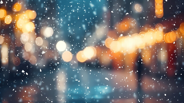 Raindrops on wet window glass with blurred panorama of city in night lights glare and bokeh