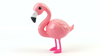 3D rendering of a cute pink flamingo with big eyes. The flamingo is standing on one leg and looking at the camera with a curious expression.