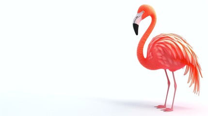 A beautiful flamingo stands on one leg in the water. The flamingo is pink with black-tipped wings.