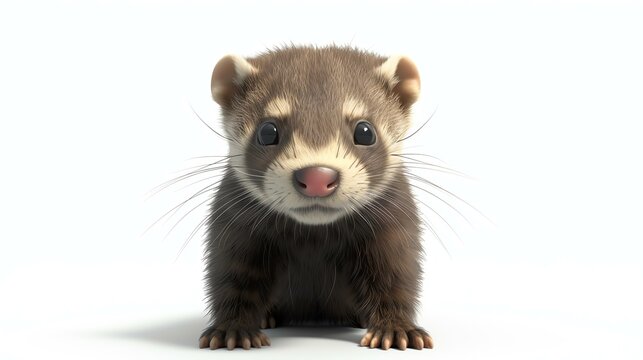 A cute and cuddly ferret with big eyes and a long tail. It is standing on a white background and looking at the camera.