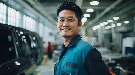 A men worker working on automobile factory, production line working time
