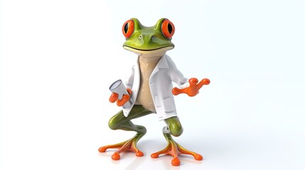3D illustration of a cheerful cartoon frog wearing a lab coat and holding a clipboard. Isolated on white background.