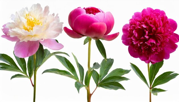 set flowers peonies on isolated background with clipping path closeup for design transparent background nature