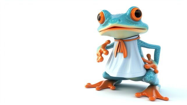 3D illustration of a cute blue frog wearing a chef's hat and apron, standing on a white background, looking at the camera with a smile on its face.