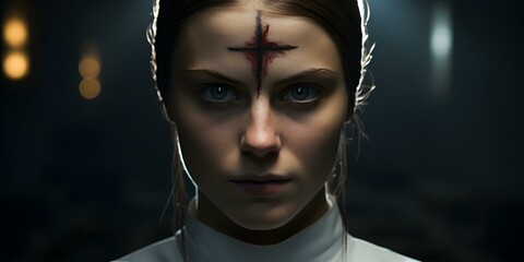 A possessed nun displays the mark of evil on her forehead. Concept Horror Photography, Evil Portrayals, Dark Characters - obrazy, fototapety, plakaty